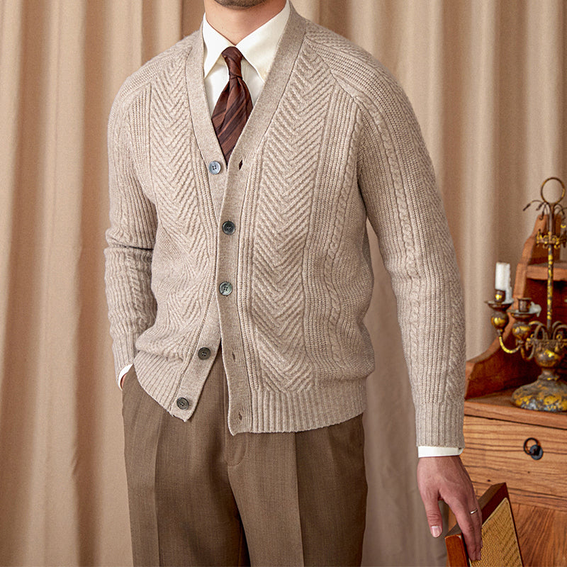 Vintage Wool Jacquard Slim Fit V-Neck Cardigan