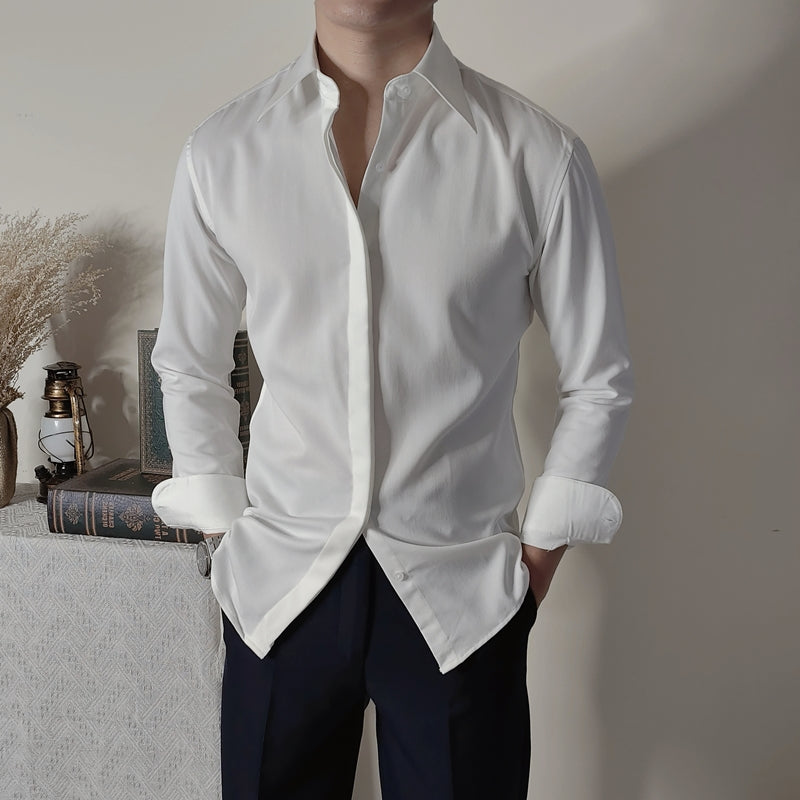 Solid Color British Long Point Collar Slim Long Sleeve Shirt